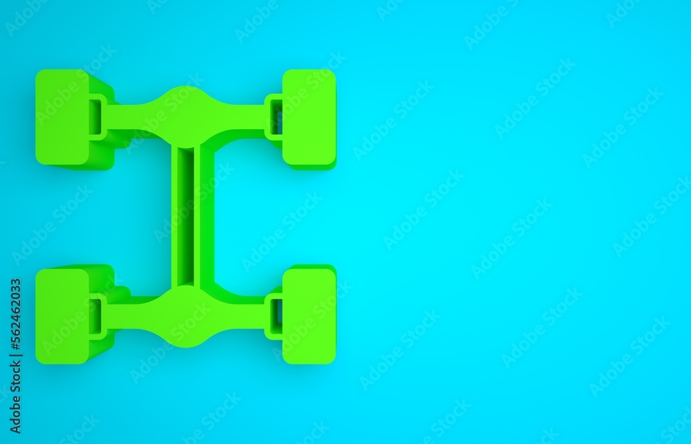 Green Chassis car icon isolated on blue background. Minimalism concept. 3D render illustration