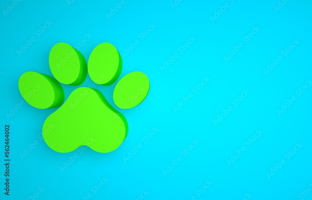 Green Paw print icon isolated on blue background. Dog or cat paw print. Animal track. Minimalism con