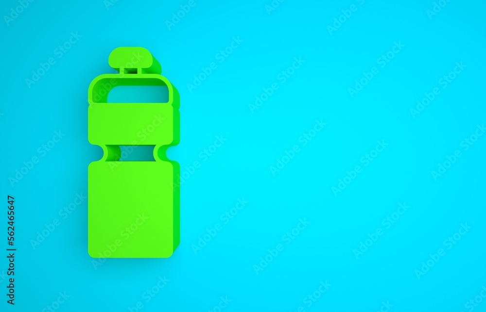 Green Fitness shaker icon isolated on blue background. Sports shaker bottle with lid for water and p