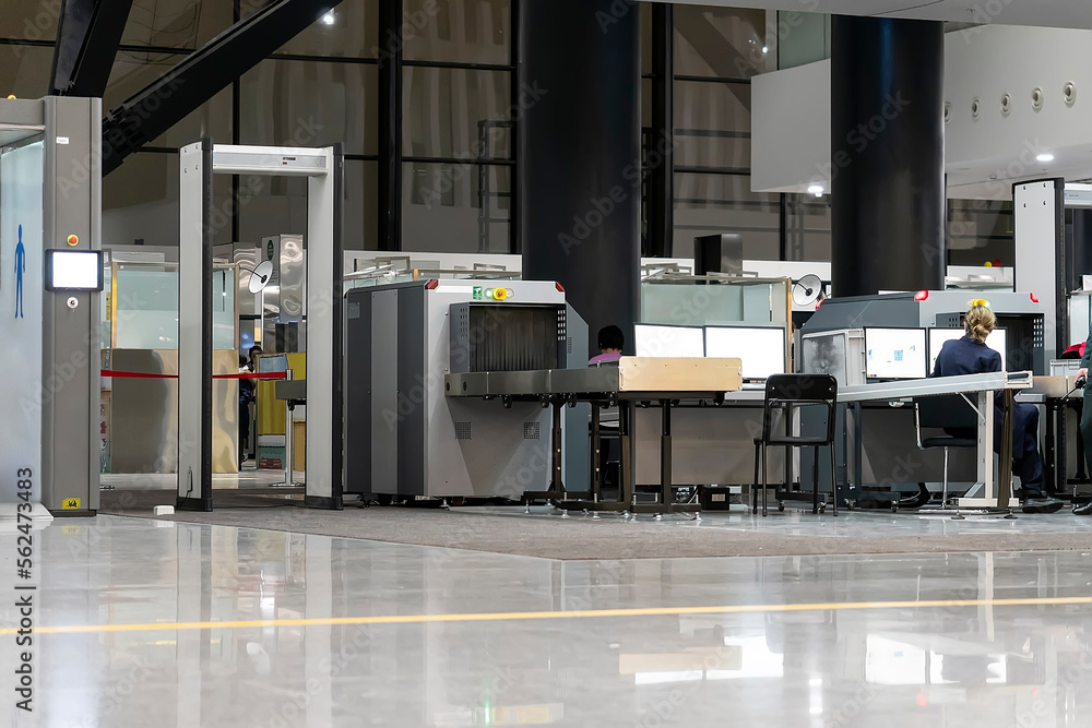 Airport security metal detector scan. Empty scanner control luggage at the terminal. Gate-ray detect