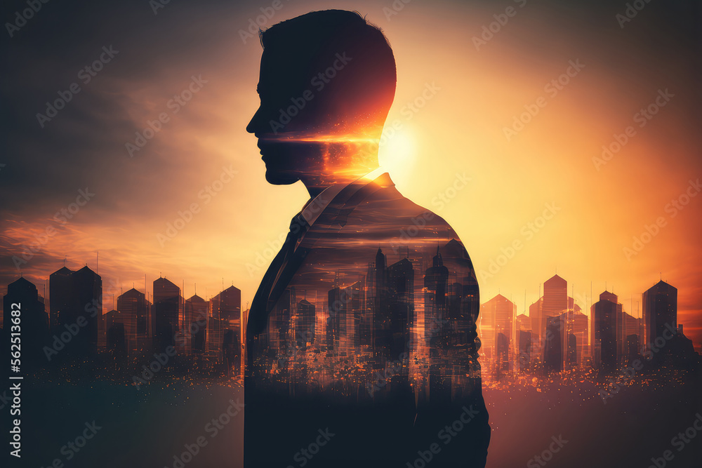 Closeup photo of stylish bearded banker, looking city and sunset. Double exposure, panoramic view co