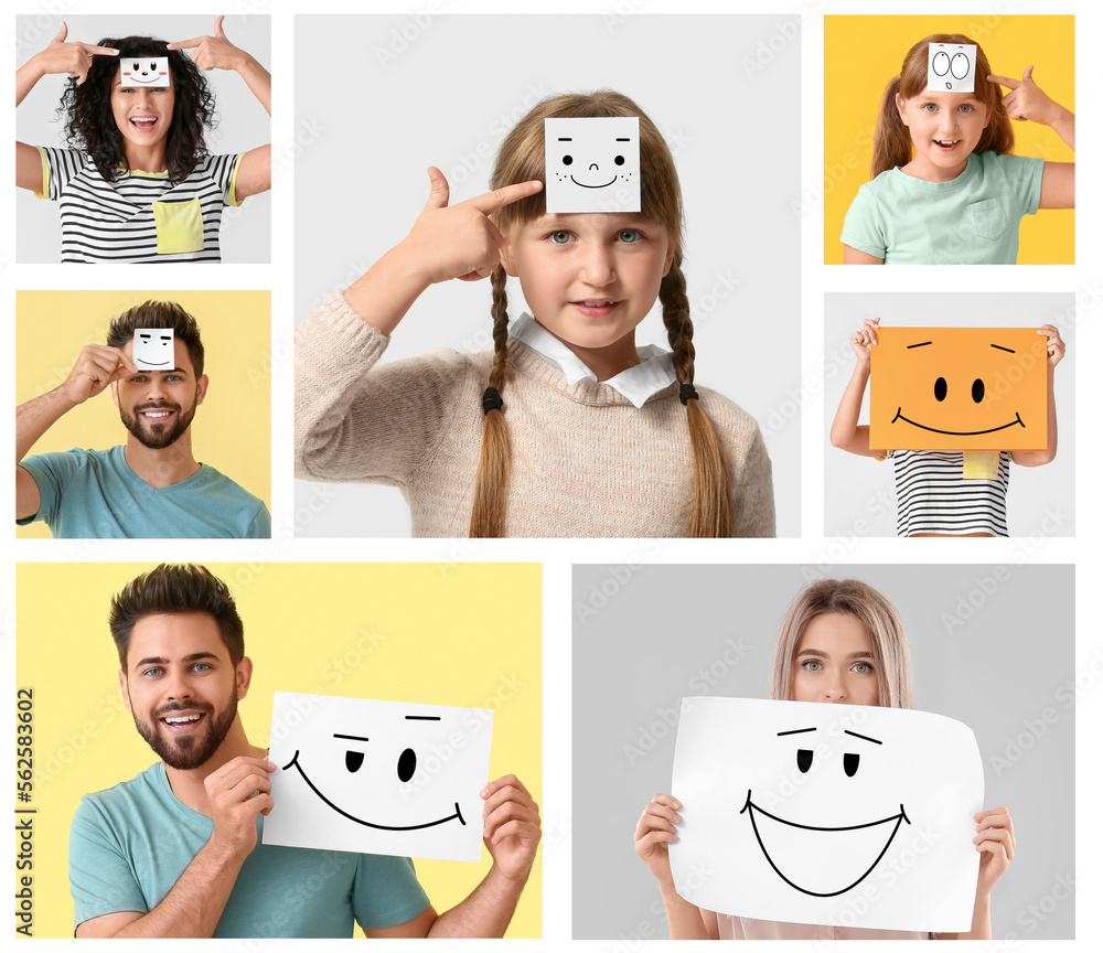 Collage of happy people with drawn smiles on paper sheets against color background