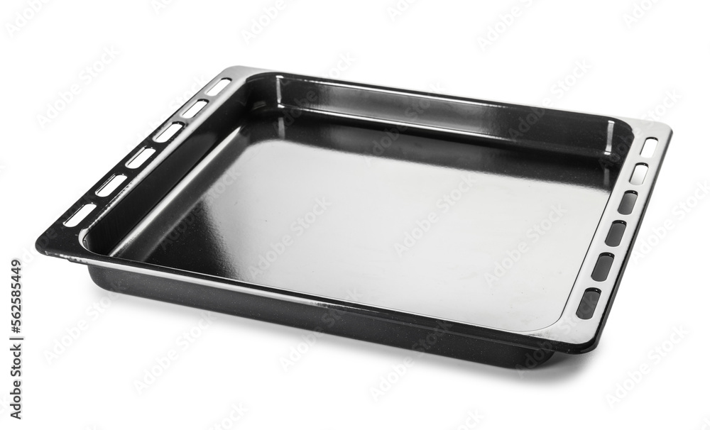 Metal baking tray for oven on white background