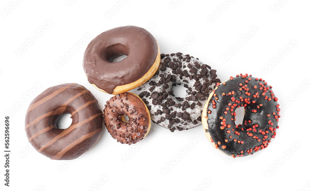 Heap of tasty chocolate donuts on white background