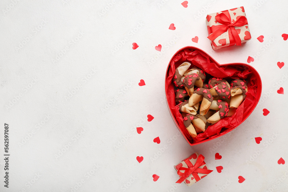 Box with fortune cookies, gifts and hearts on white background. Valentines Day celebration