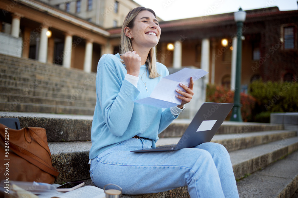 University success, student scholarship paper and happy woman excited about exam results. Learning, 