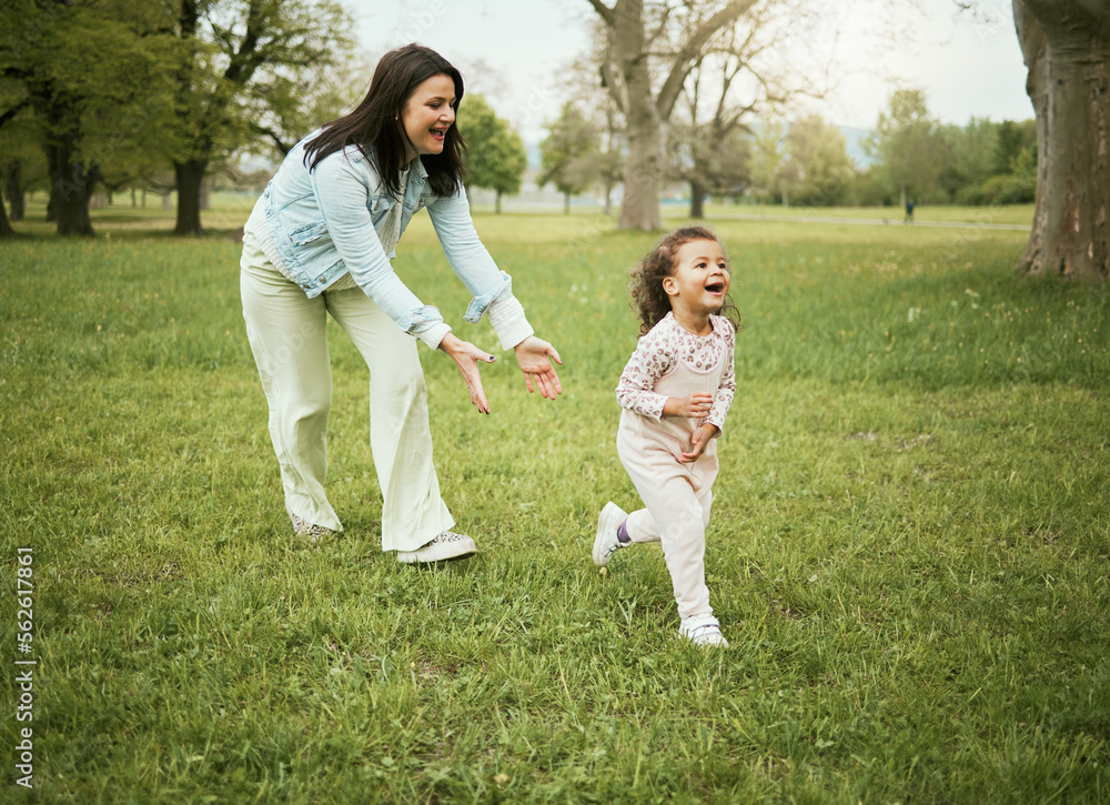 Mother, girl child and running in park with love, bonding or happiness on grass field for care on ho