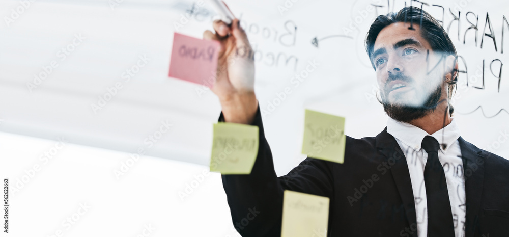 Planning, brainstorming and businessman writing a schedule, idea and strategy on sticky note at work