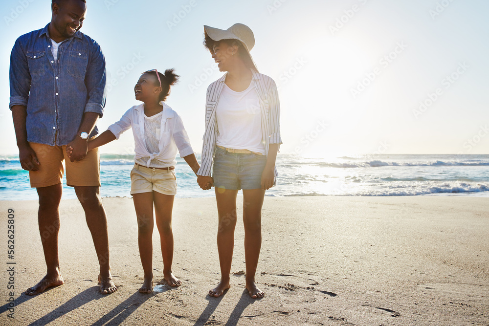 Black family, mother and father with girl, beach and vacation for summer, weekend break and bonding.