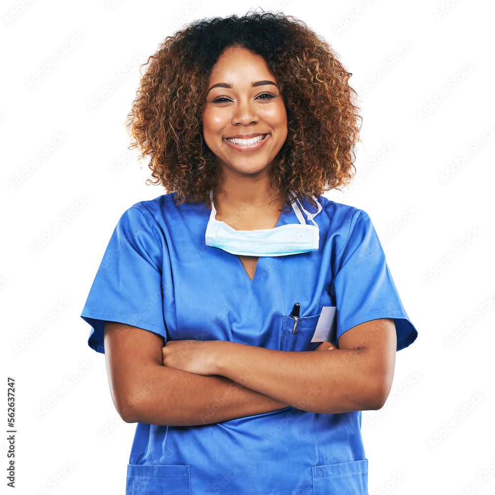 Portrait, nurse and black woman with arms crossed in studio isolated on white background. Face, heal