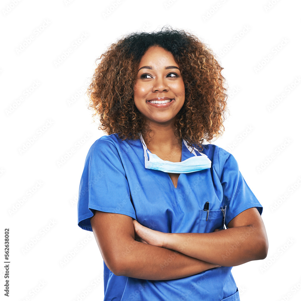 Nurse, healthcare and black woman with arms crossed in studio isolated on a white background. Medica