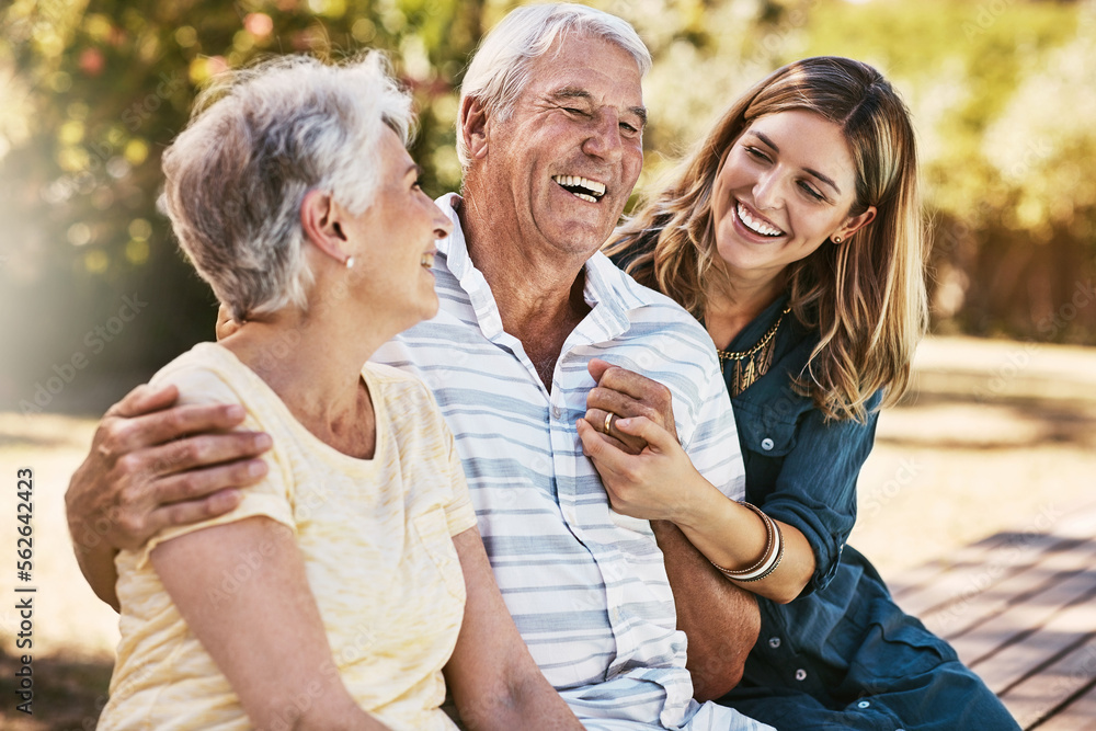 Woman, grandparents and hug for family summer vacation, holiday or break together in the outdoors. H