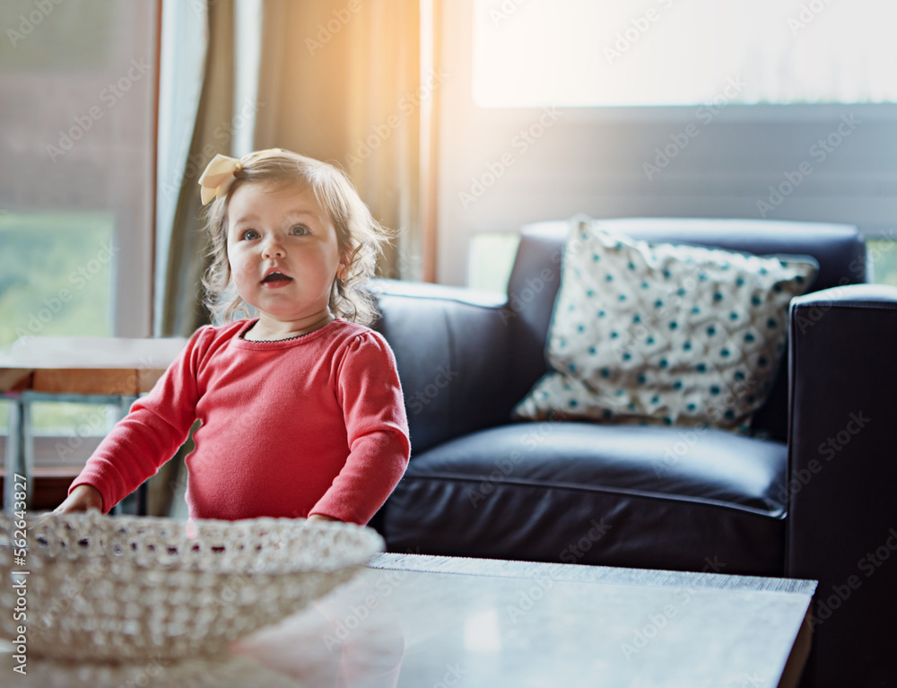 Children, baby and a girl in the living room of her home with mockup or flare looking curious while 