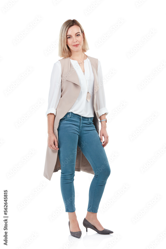 Studio portrait, woman and confident with fashion for workplace with beauty, style and white backgro