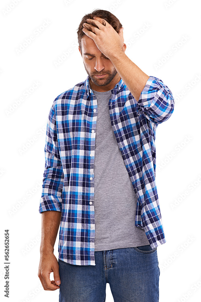 A handsome man in discomfort Isolated on a PNG background.