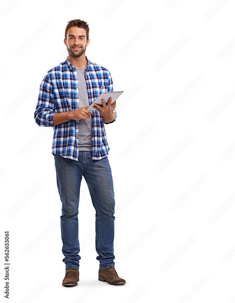 Studio shot of a handsome young man using a digital tablet Isolated on a PNG background.