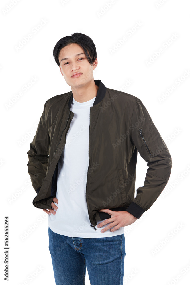 Handsome, young and portrait of a happy Asian man isolated on a white background in studio. Attracti