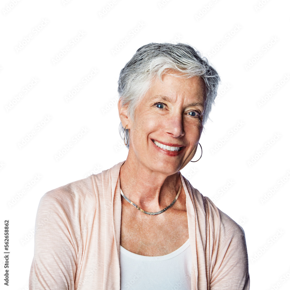 Happy, elderly and portrait of woman in studio with cheerful, optimistic and joyful smile of people.