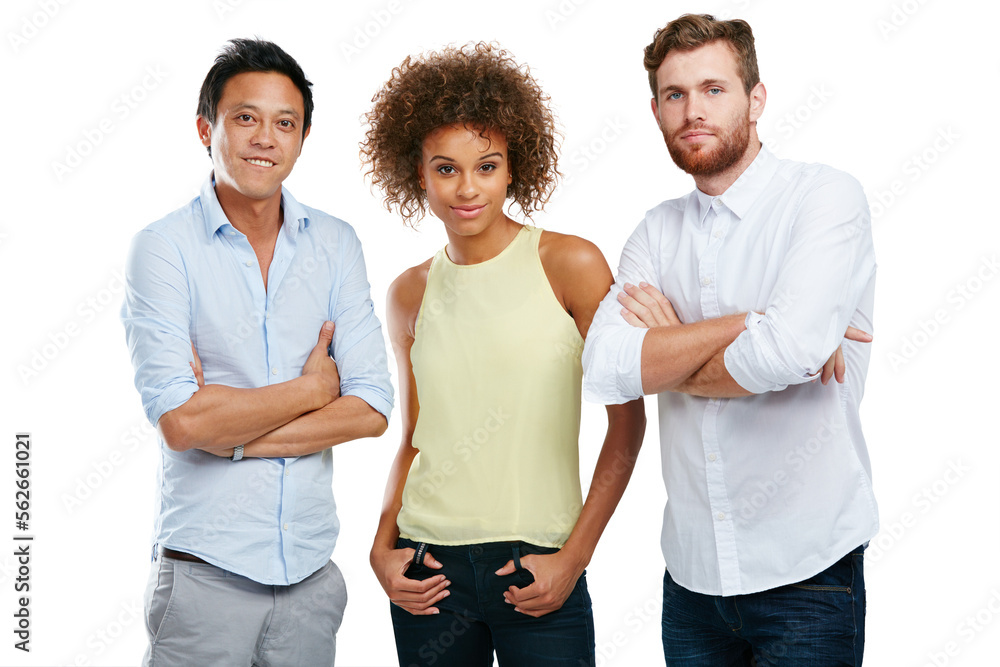 Business people, portrait or arms crossed on isolated white background in diversity about us, profil