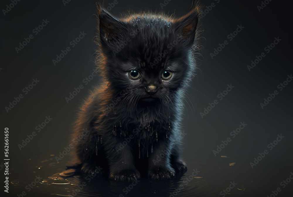 Sad black dirty kitten on black background. Homeless animals concept. Generative AI