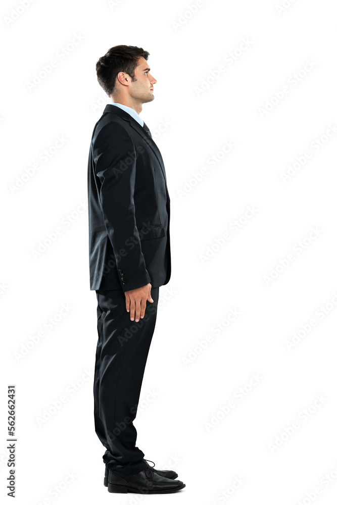 Serious, successful and young businessman standing isolated on a white background in a studio. Side 