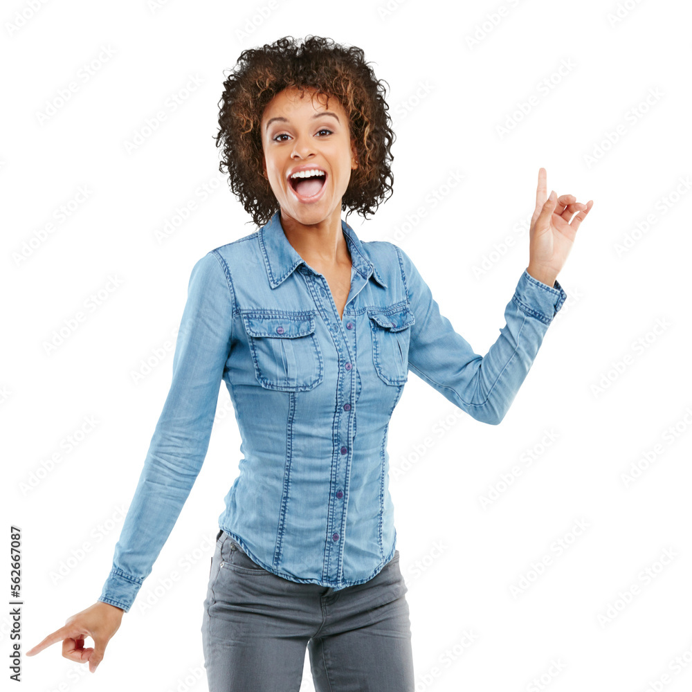 An attractive young woman pointing in two different directions Isolated on a PNG background.