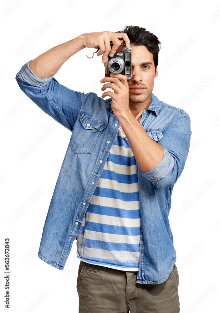 A handsome young man taking a picture of you Isolated on a PNG background.