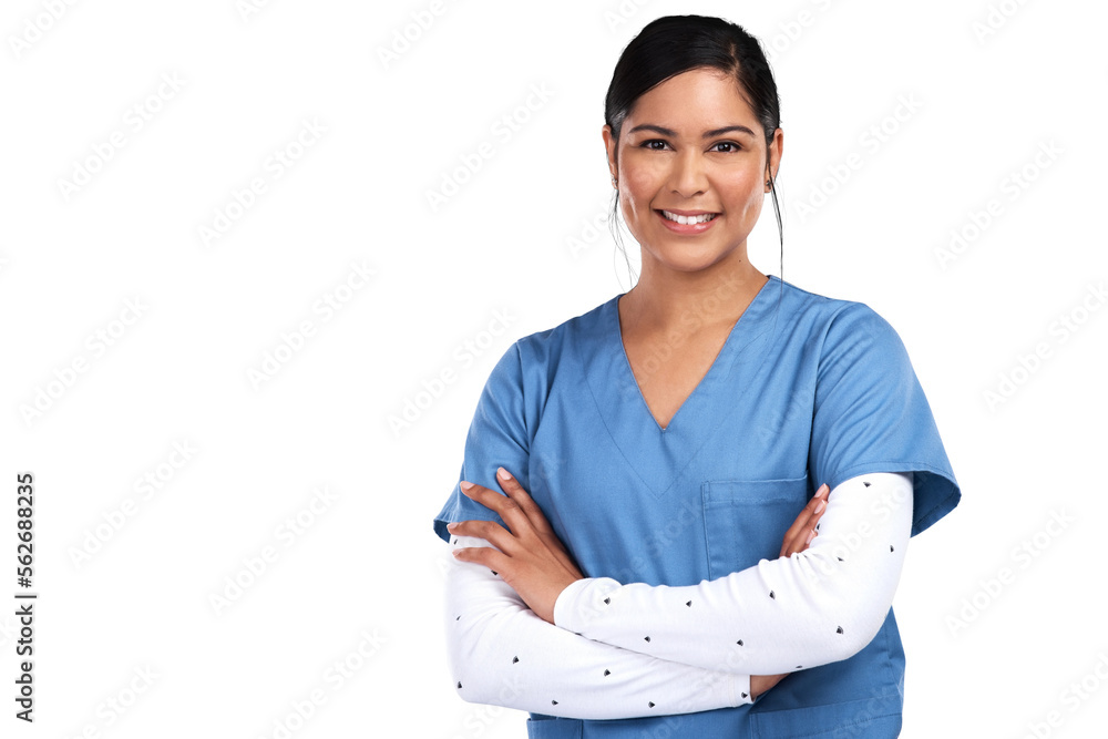 Portrait of a beautiful young doctor standing with arms folded Isolated on a PNG background.