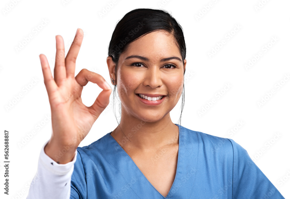 Portrait of a young doctor showing the ok sign Isolated on a PNG background.