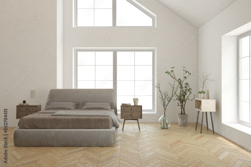 White bedroom interior. Scandinavian design. 3D illustration