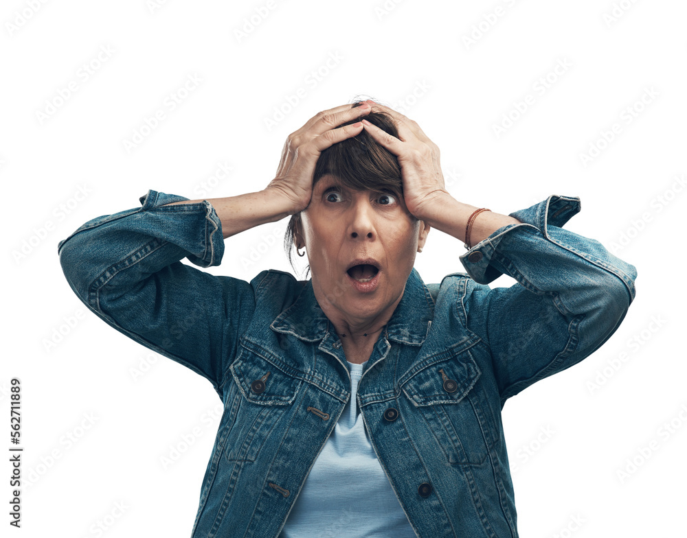 A senior woman looking shocked. Isolated on a PNG background.