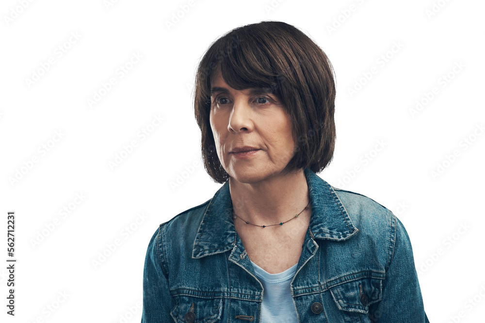 A senior woman looking thoughtful Isolated on a PNG background.