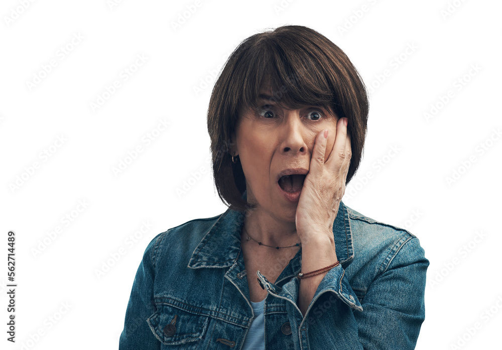 A senior woman looking shocked Isolated on a PNG background.