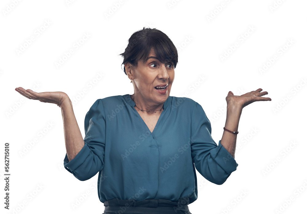 A senior woman shrugging Isolated on a PNG background.