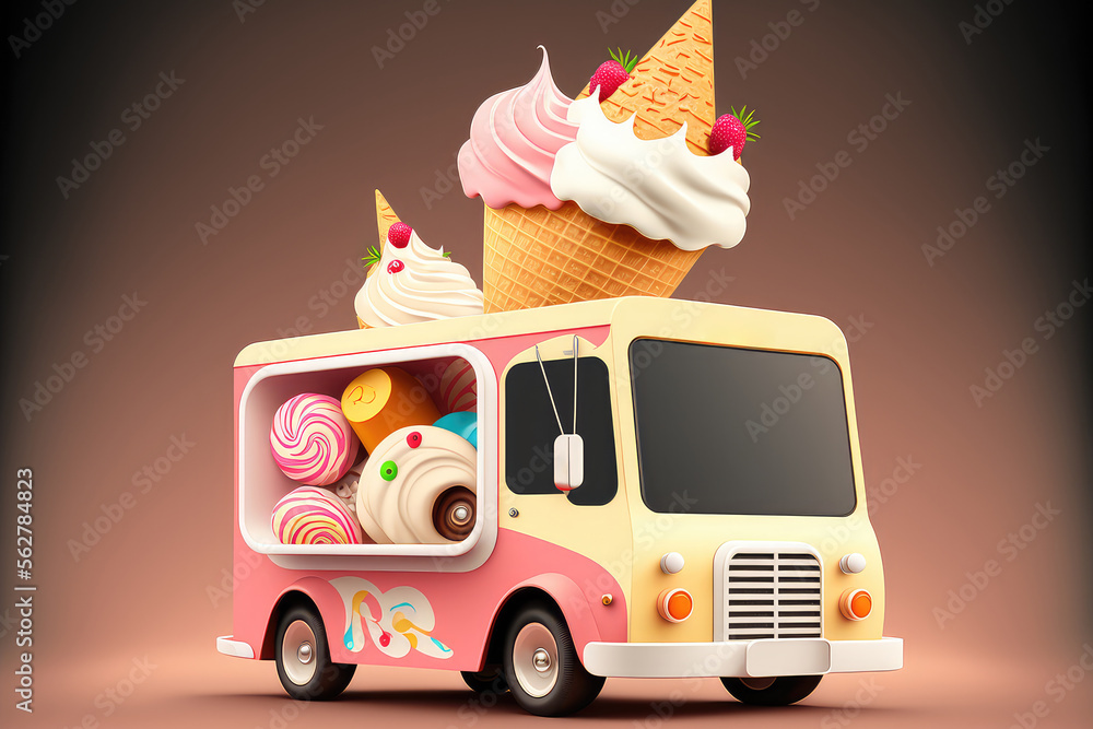 3d Ice cream food truck, isolate van, cartoon car for street food icecream desserts selling. Automob