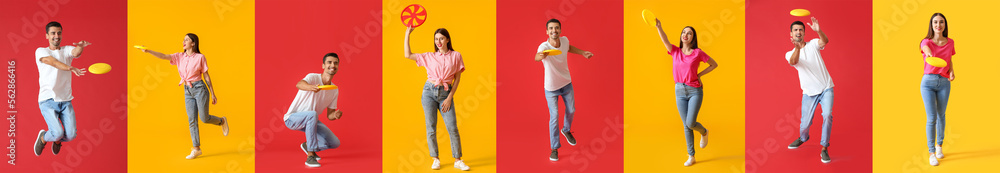 Set of young people playing frisbee on color background