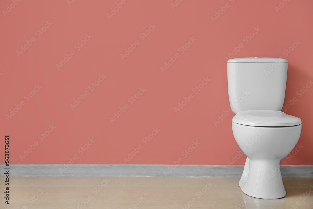 Ceramic toilet bowl near pink wall