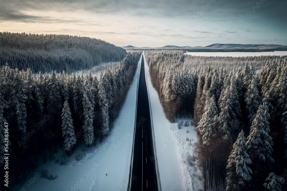 View from the above of a wide and deep forest in winter, full of snow. A long straight road across t