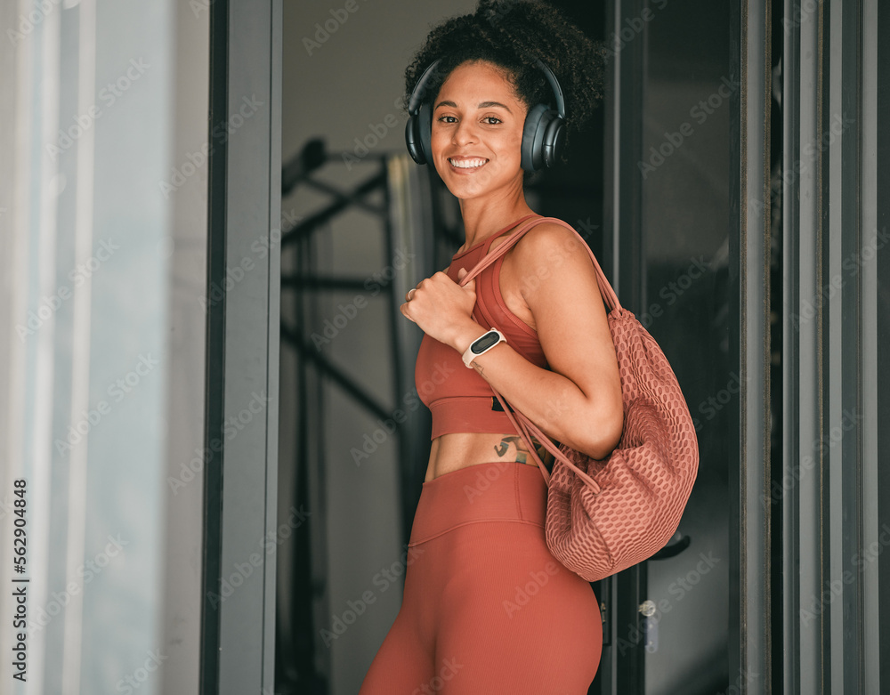 Fitness, headphones and black woman portrait happy about running, wellness and training. Music liste