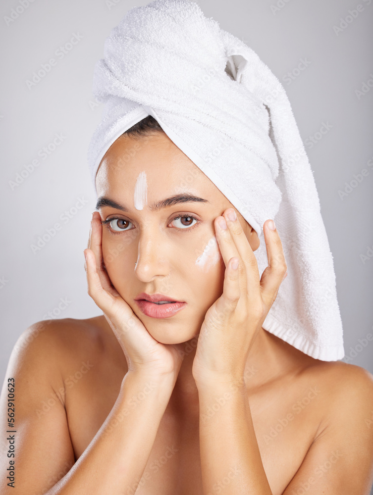 Skincare, woman model and face portrait with facial moisturizer and spa cream in morning. Towel, sun