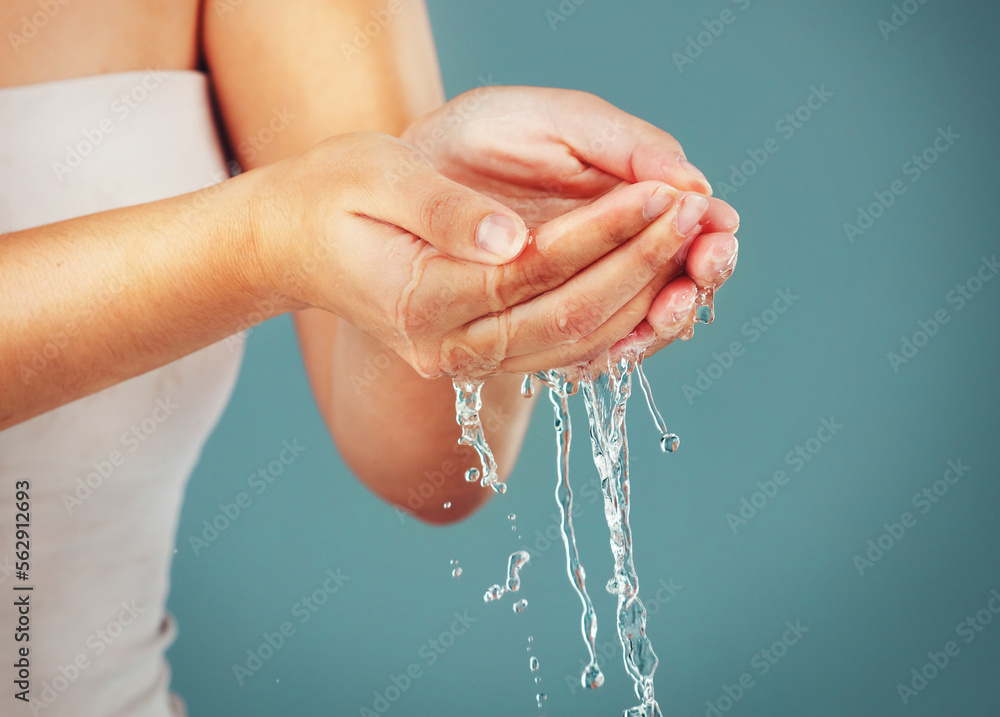 Woman, water drops and washing hands zoom, skincare isolated on studio background with skin, hygiene