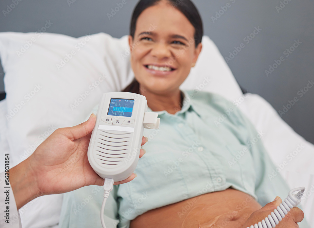 Pregnant woman, doctor check or heart monitor for baby healthcare, medical support or hospital gynec