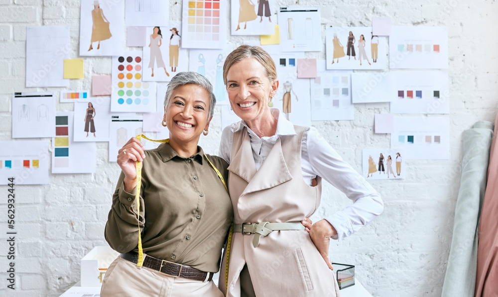 Team, fashion designer and portrait of senior women in workshop, happy and smile for small business.