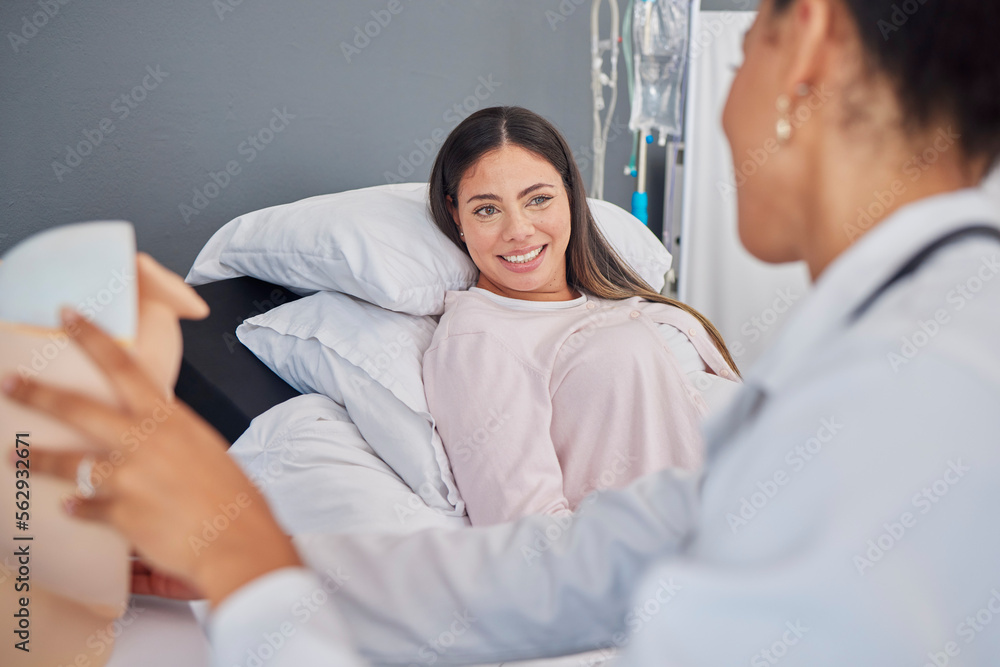 Consulting, pregnant and girl with doctor in clinic for medical expertise and progress assessment. B