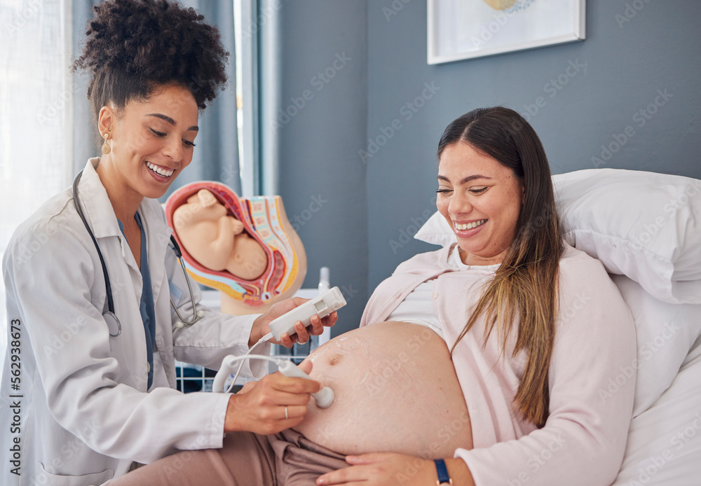 Pregnant, woman and doctor with heart rate monitor for baby healthcare, medical support or hospital 