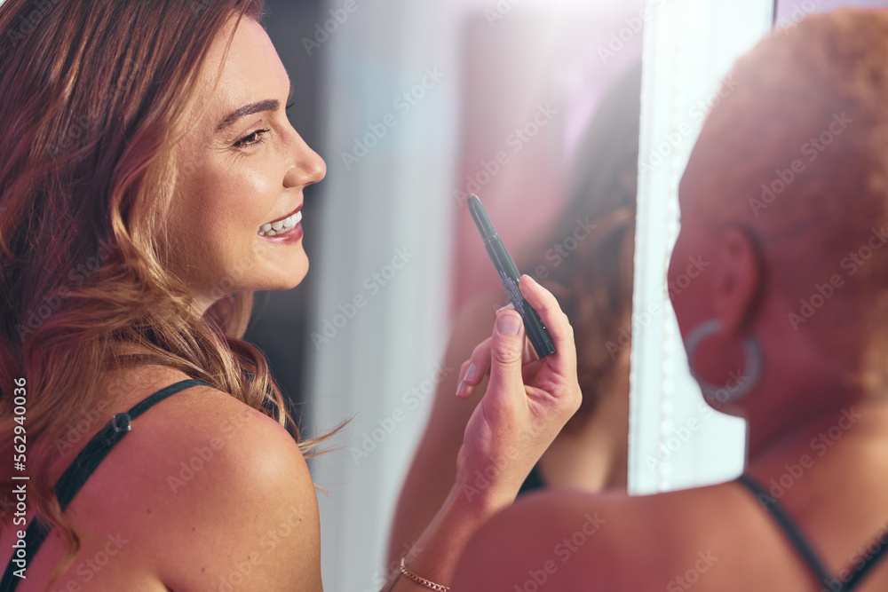 Makeup, girl friends and getting ready by a mirror with a smile ready for a party. Lipstick, cosmeti