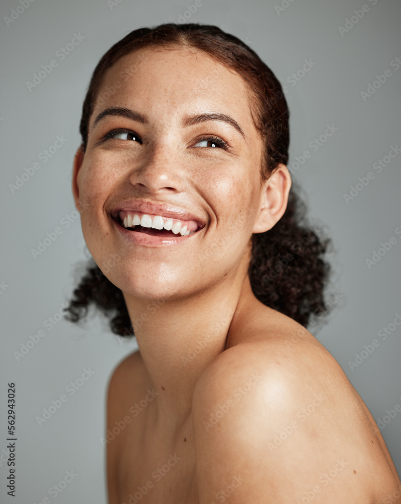 Skincare, beauty and face of woman in studio isolated on a gray background. Makeup cosmetics, thinki