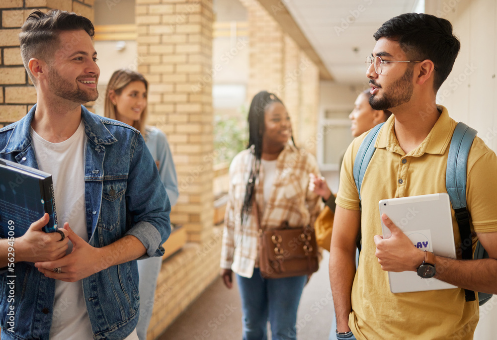 University, school and education students, people or group walking to class in campus community and 