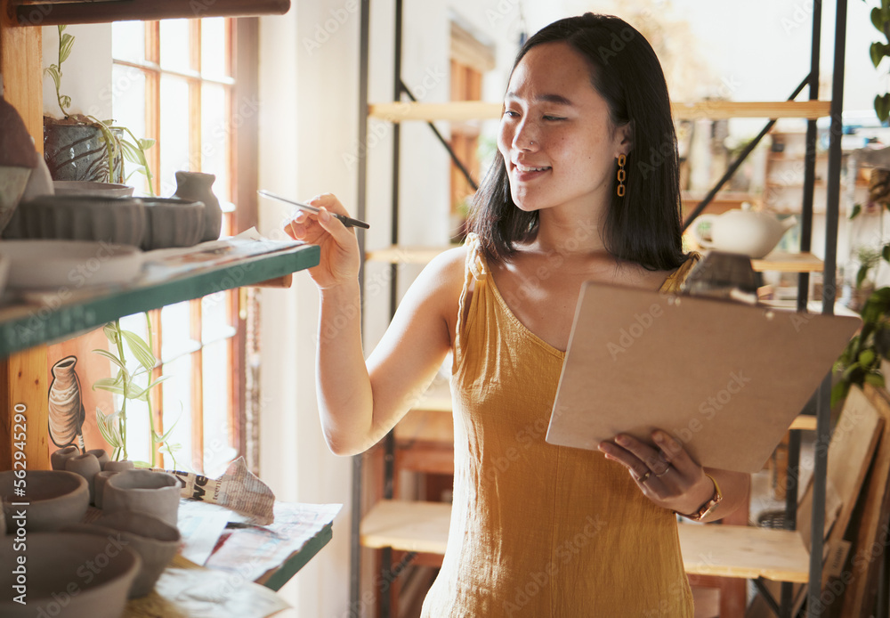 Pottery stock check, business woman and clipboard data of a entrepreneur with store information. Hap