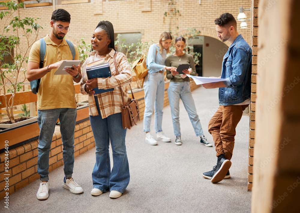 Students, college and education, tablet and books for learning, scholarship and collaboration in cam